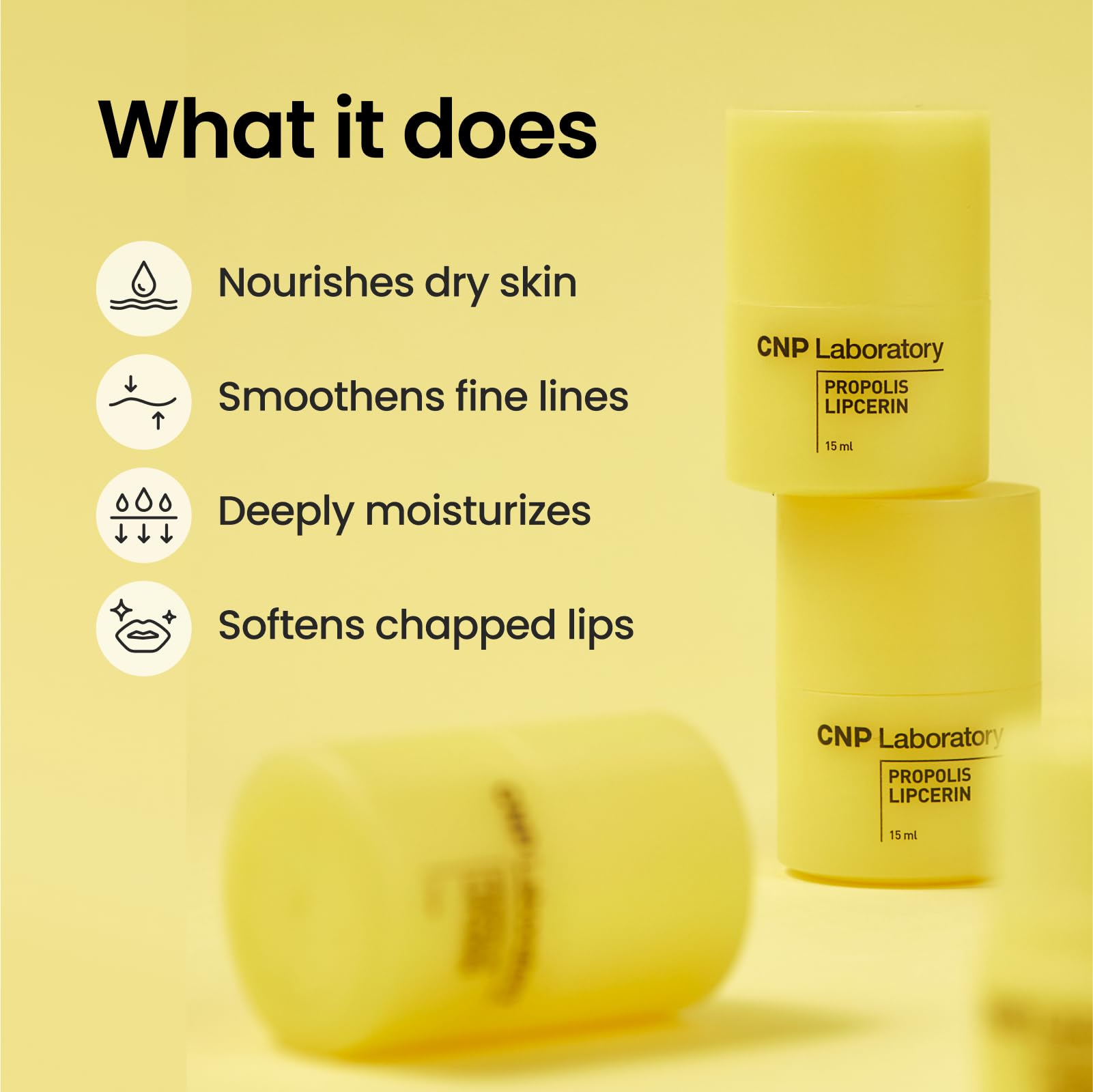 CNP Propolis Lipcerin container highlights hygienic dial-controlled application