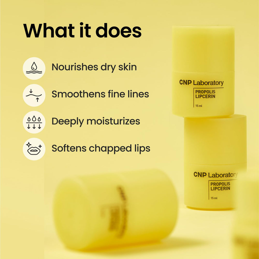 CNP Propolis Lipcerin container highlights hygienic dial-controlled application