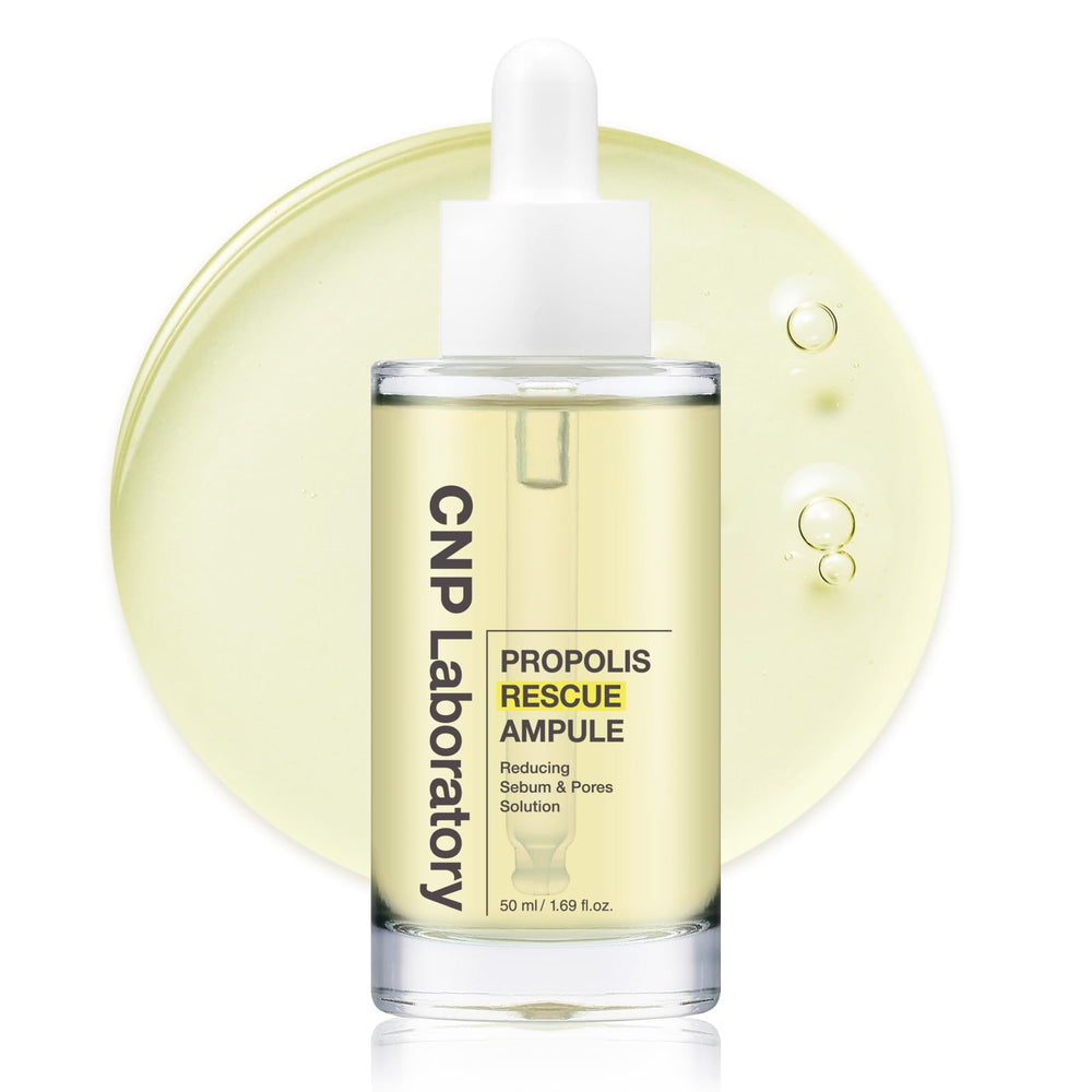 CNP Rescue+Propolis Serum bottle with pump offers a lightweight option for calmer, oil-controlled skin.