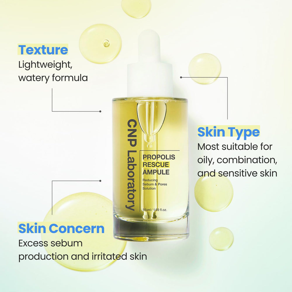 CNP Rescue+Propolis Serum glossy packaging image conveys a clean, minimalist Korean skincare routine.