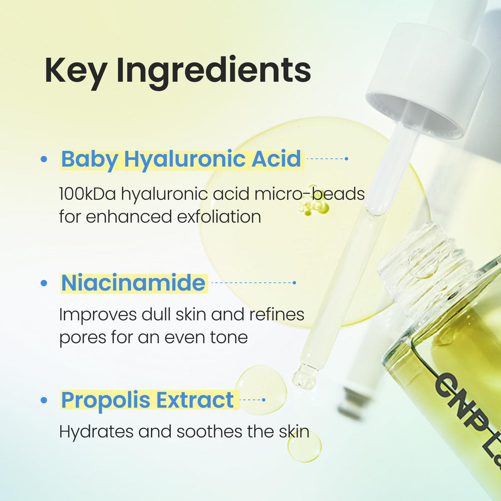 CNP Rescue+Propolis Serum niacinamide detail highlights pore refinement and gentle brightening.
