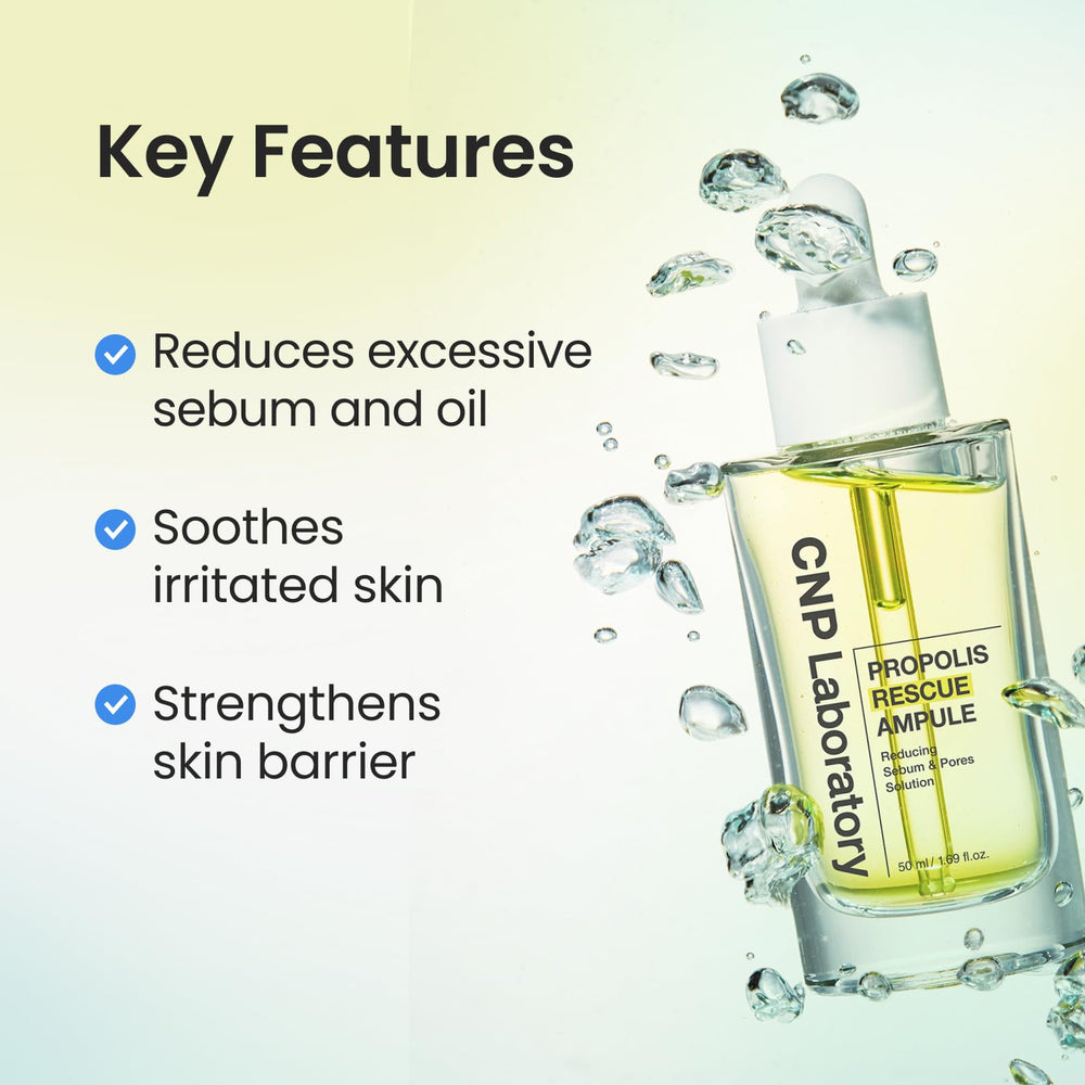 CNP Rescue+Propolis Serum propolis detail emphasizes soothing hydration and barrier-friendly care.