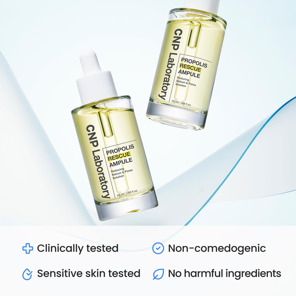 CNP Rescue+Propolis Serum skin test visual hints at balanced hydration and reduced shine.