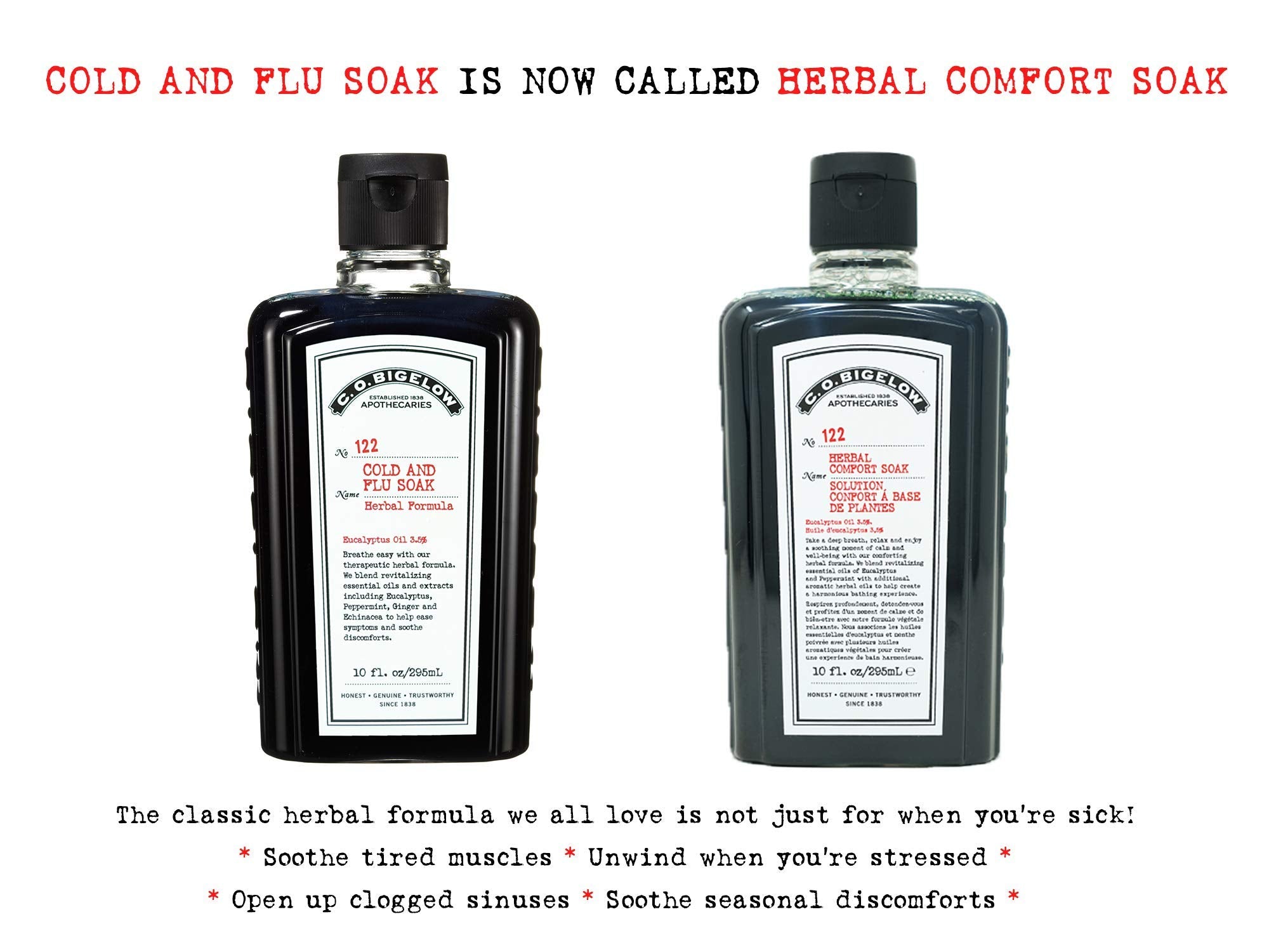 C.O. Bigelow Herbal Comfort Soak with eucalyptus image highlight natural essential oils for refreshing aroma.