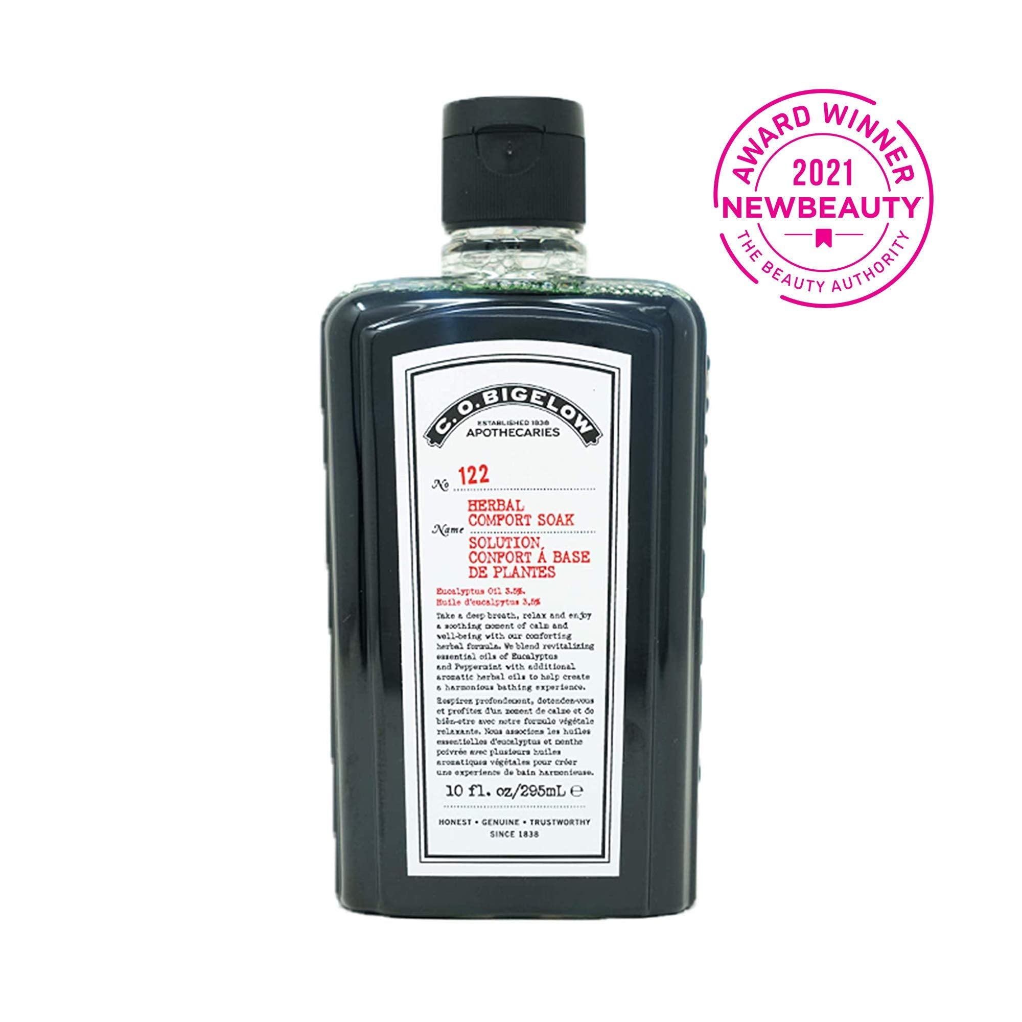 C.O. Bigelow Herbal Comfort Soak pour action showing easy-to-use bath preparation for unwind.