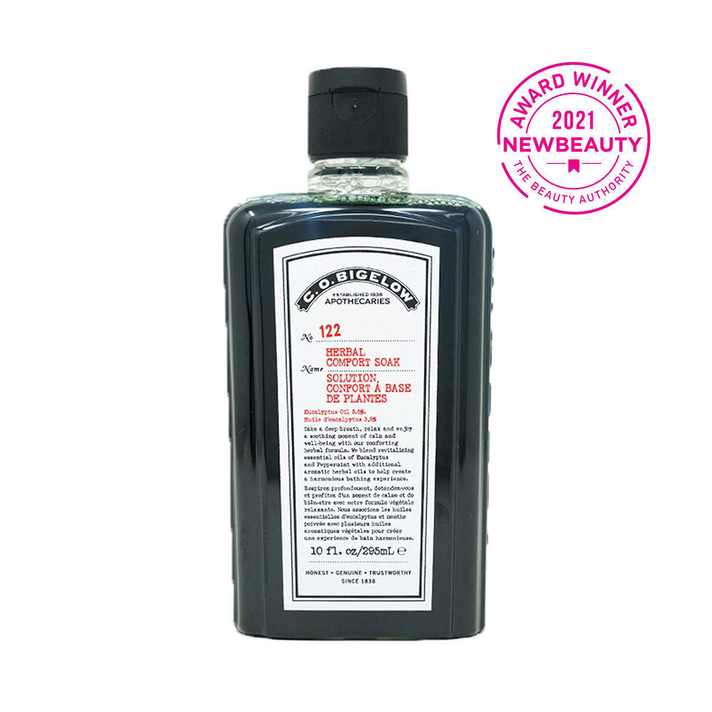 C.O. Bigelow Herbal Comfort Soak pour action showing easy-to-use bath preparation for unwind.