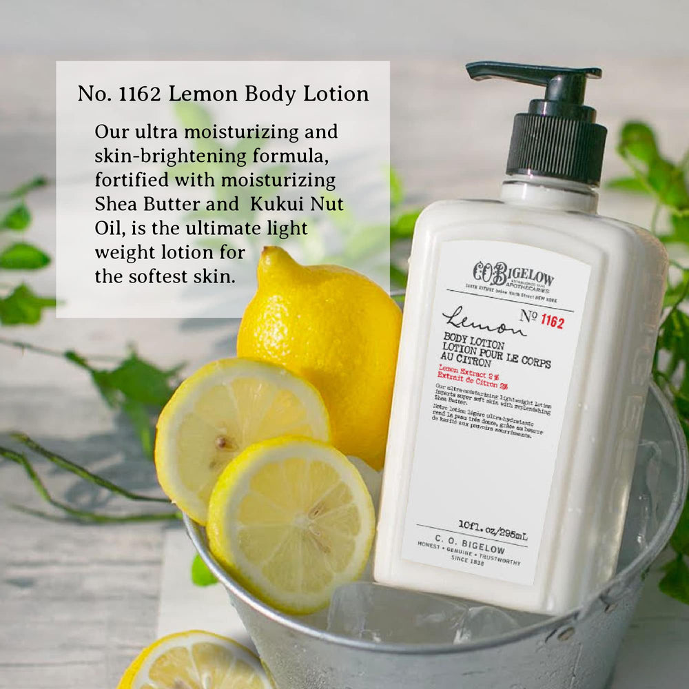 C.O. Bigelow Lemon Body Lotion pump-dispense shows quick absorption