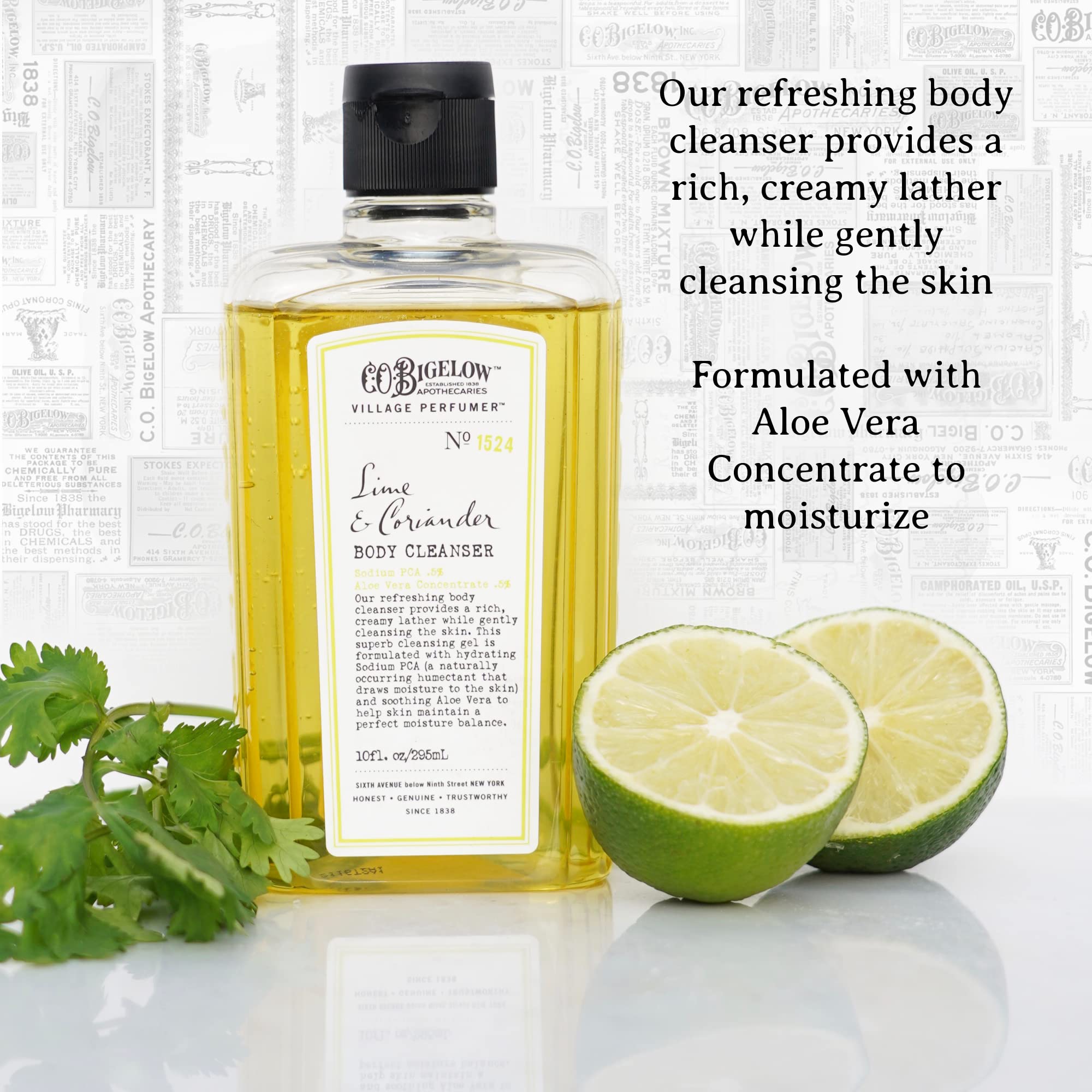 C.O. Bigelow Lime Coriander bottle label highlights aloe vera formula for gentle daily cleansing
