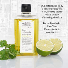 C.O. Bigelow Lime Coriander bottle label highlights aloe vera formula for gentle daily cleansing