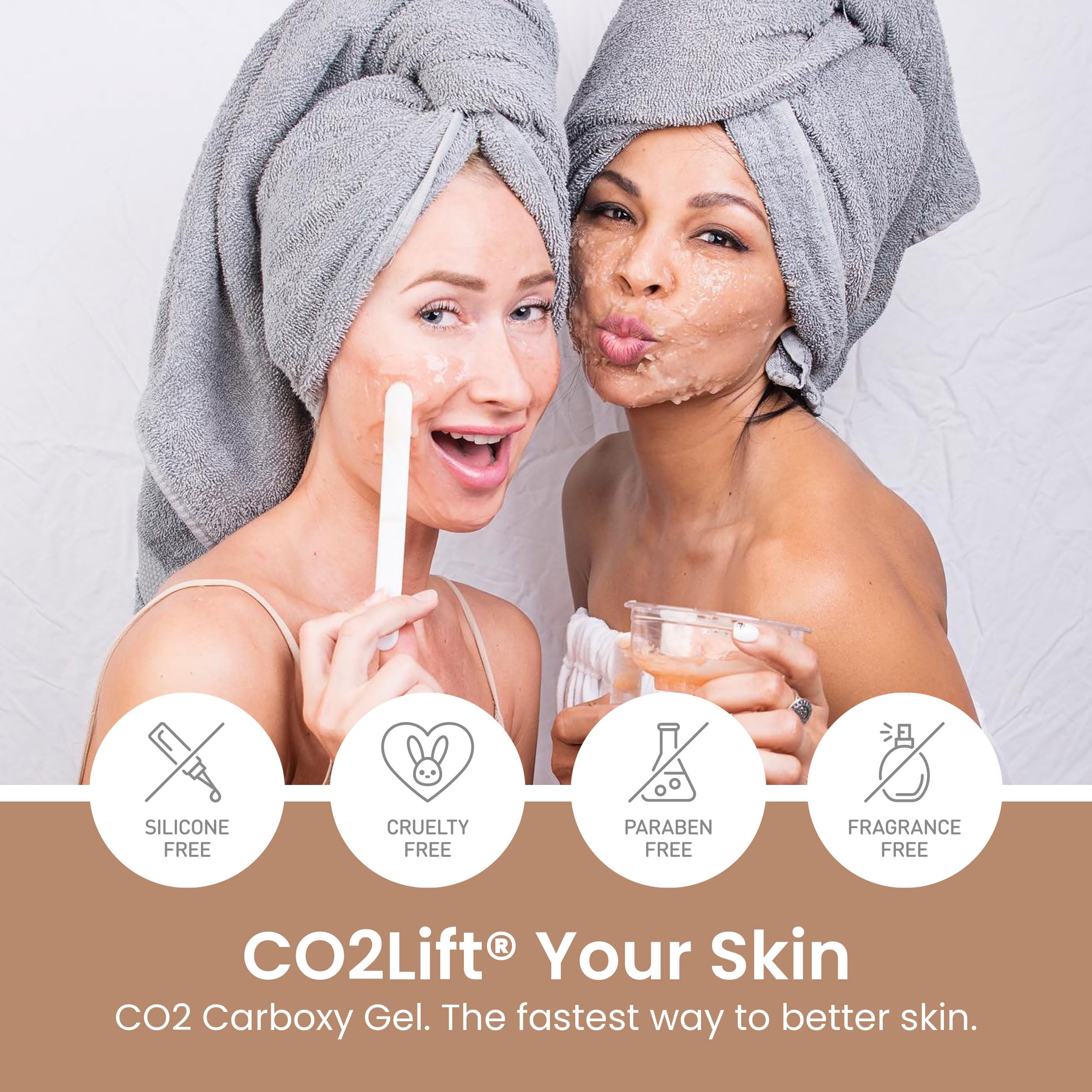 CO2Lift carboxy gel mask before after panel hints at noticeable lifting and brightening effect.