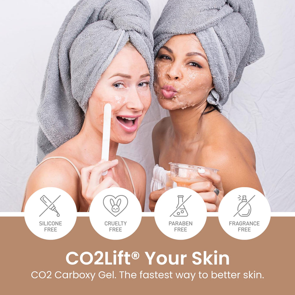 CO2Lift carboxy gel mask before after panel hints at noticeable lifting and brightening effect.