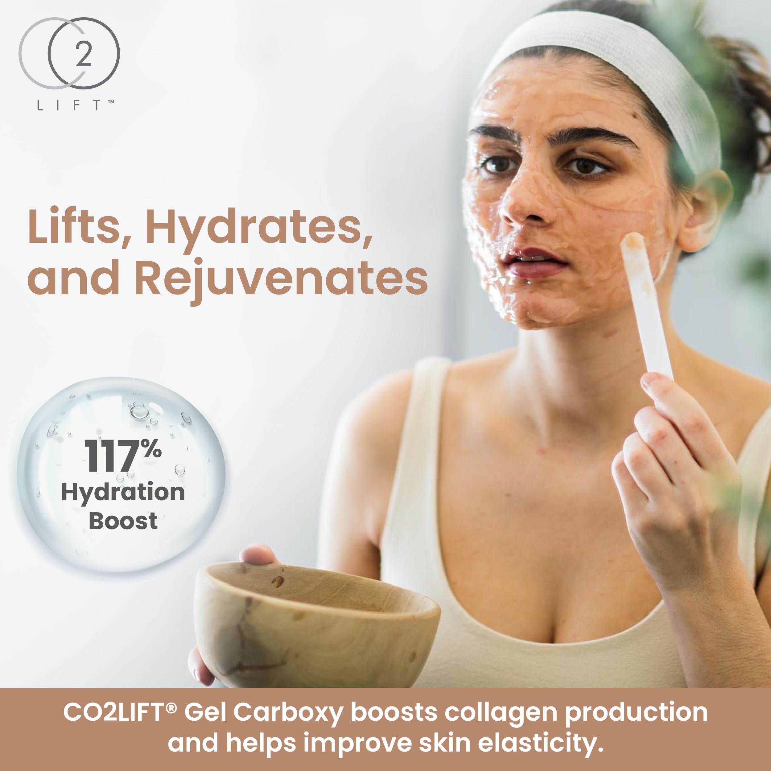 CO2Lift carboxy gel mask closeup texture highlights creamy hydrogel and cooling sensation during wear.