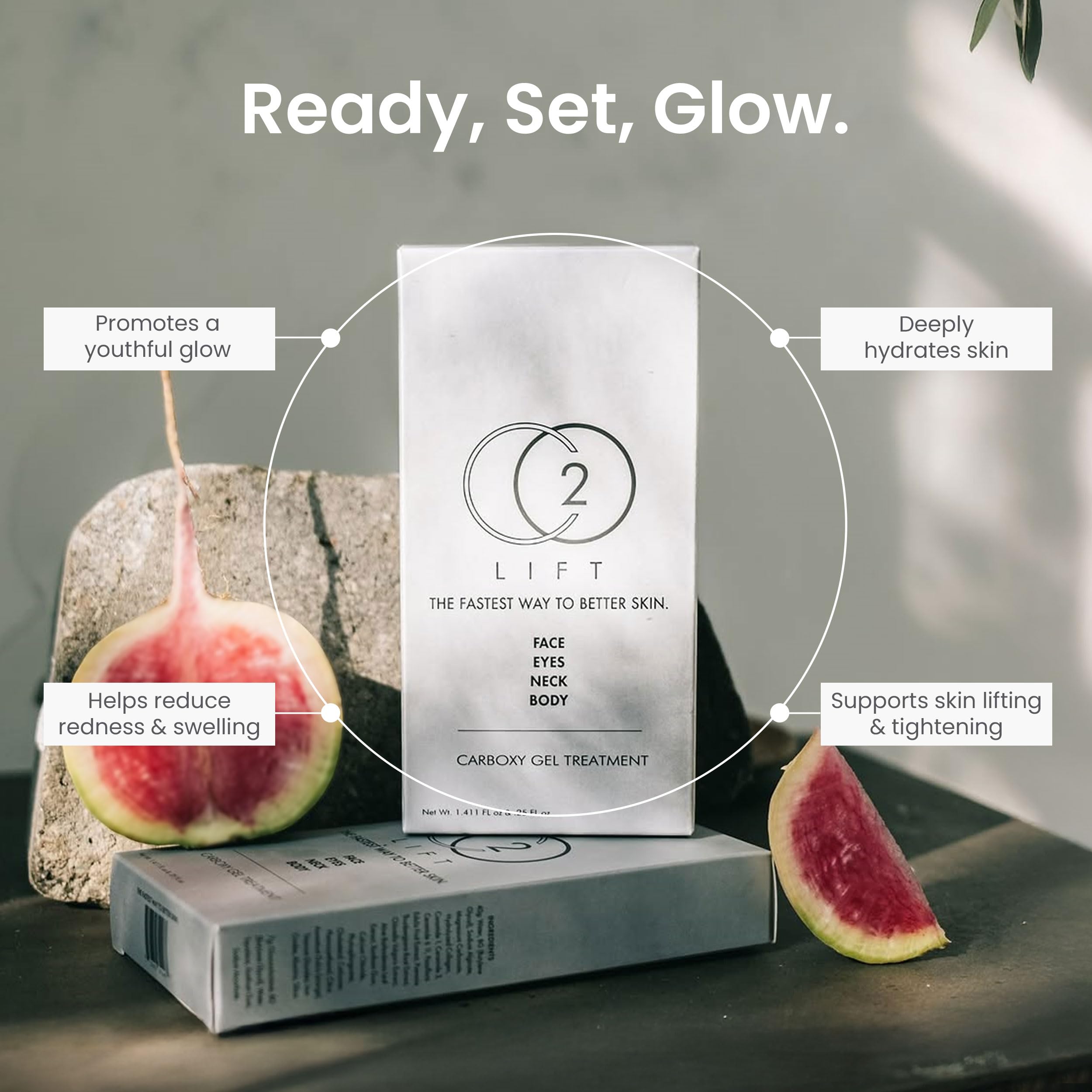 CO2Lift carboxy gel mask dispensing image suggests easy weekly routine for refreshed skin.