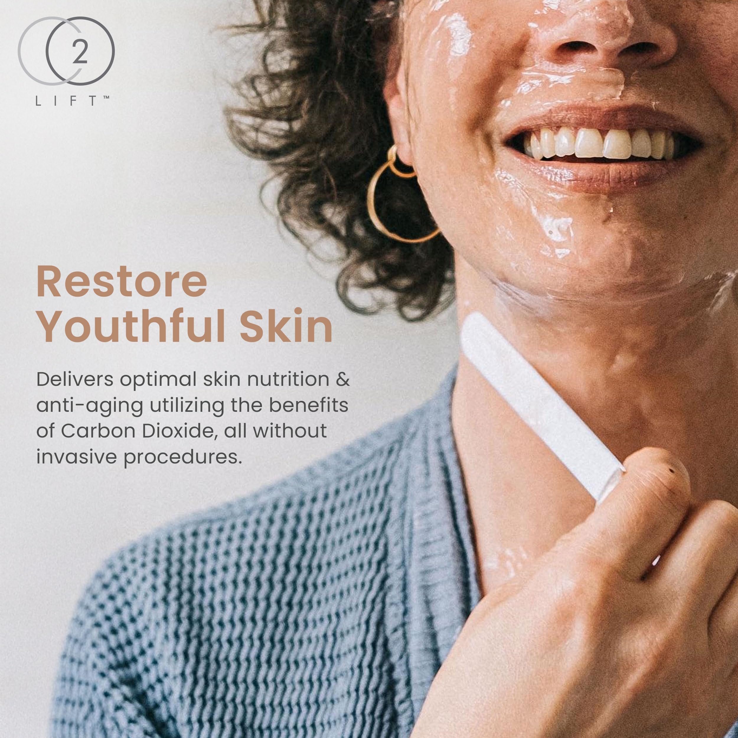 CO2Lift carboxy gel mask packaging display emphasizes two-treatment value and premium ingredients.