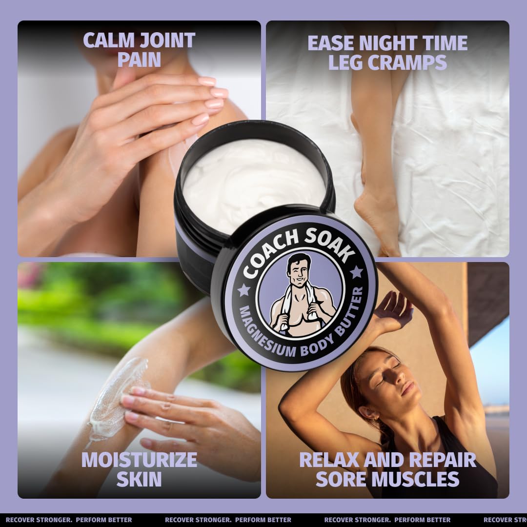 Coach Soak Nighttime Magnesium Body Butter with shea butter texture showing deep hydration.