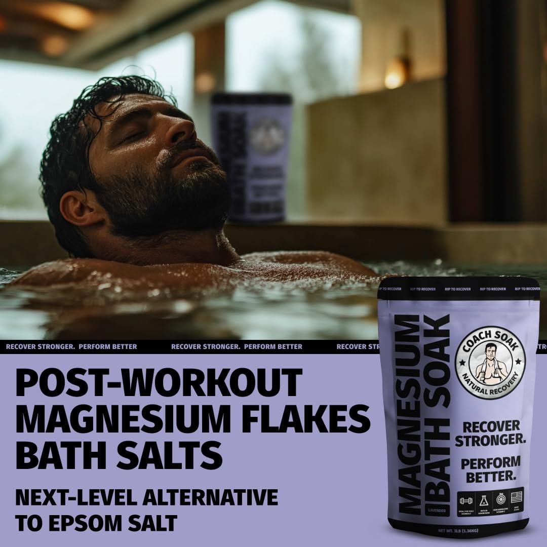 Coach Soak Recovery Bath Soak magnesium flakes detail emphasizing fast-absorbing relief after workouts.
