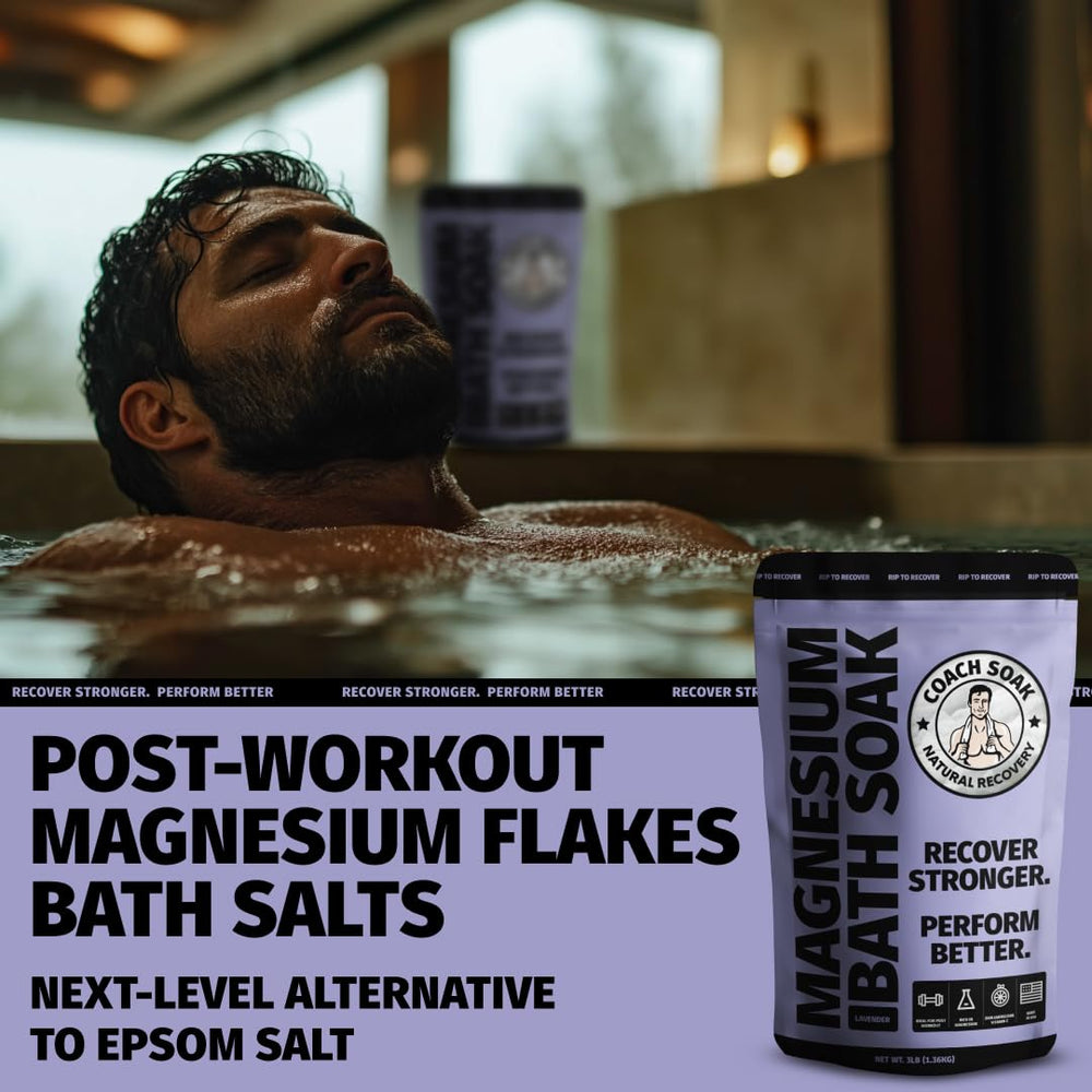 Coach Soak Recovery Bath Soak magnesium flakes detail emphasizing fast-absorbing relief after workouts.