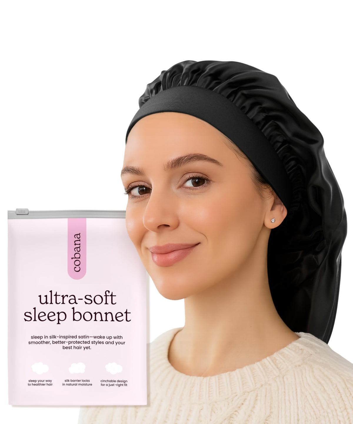 Cobana adjustable satin sleep bonnet on head for secure, slip-free night use