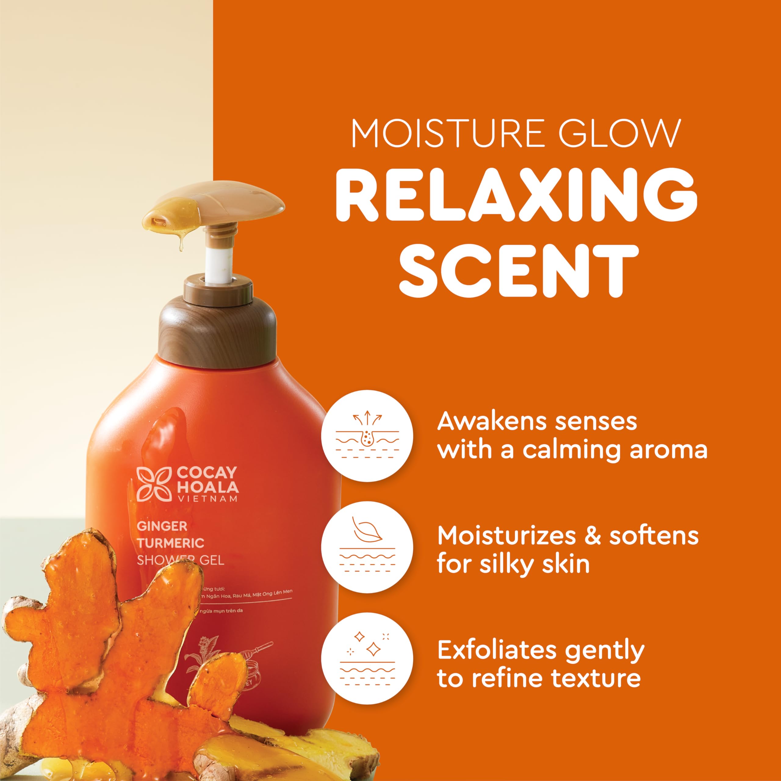 COCAY HOALA Ginger Turmeric Exfoliating Body Wash pour shows post-workout refresh.