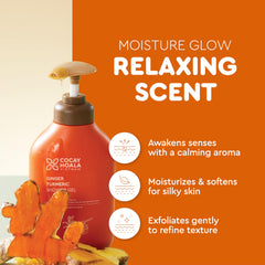 COCAY HOALA Ginger Turmeric Exfoliating Body Wash pour shows post-workout refresh.