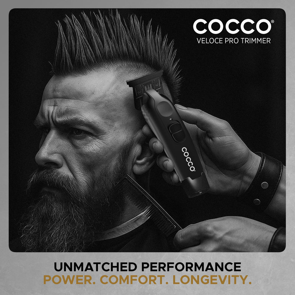 Cocco Veloce Pro Trimmer cordless in use during mid-face detailing for freedom of movement.
