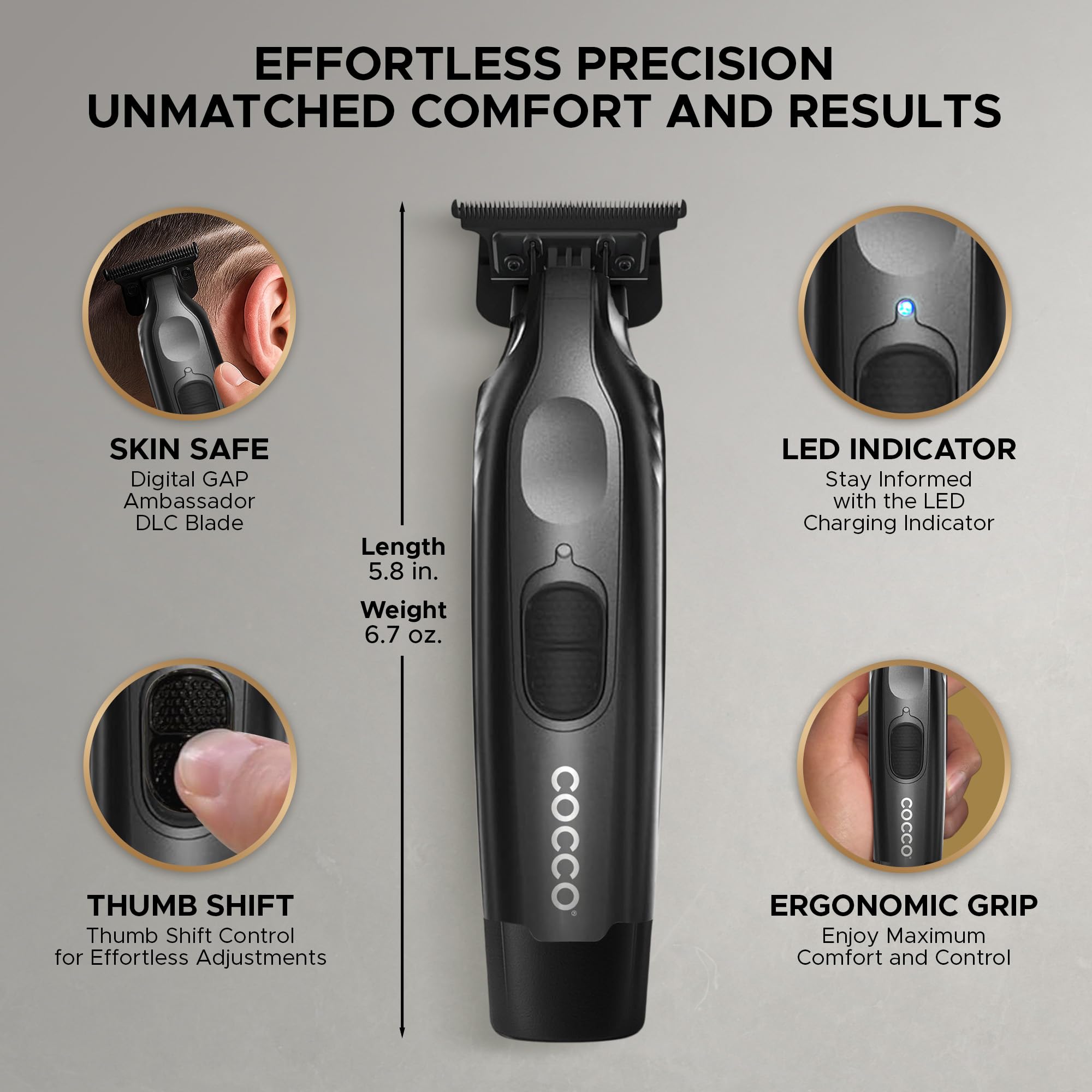 Cocco Veloce Pro Trimmer DLC blade closeup showing a durable edge for clean lines.