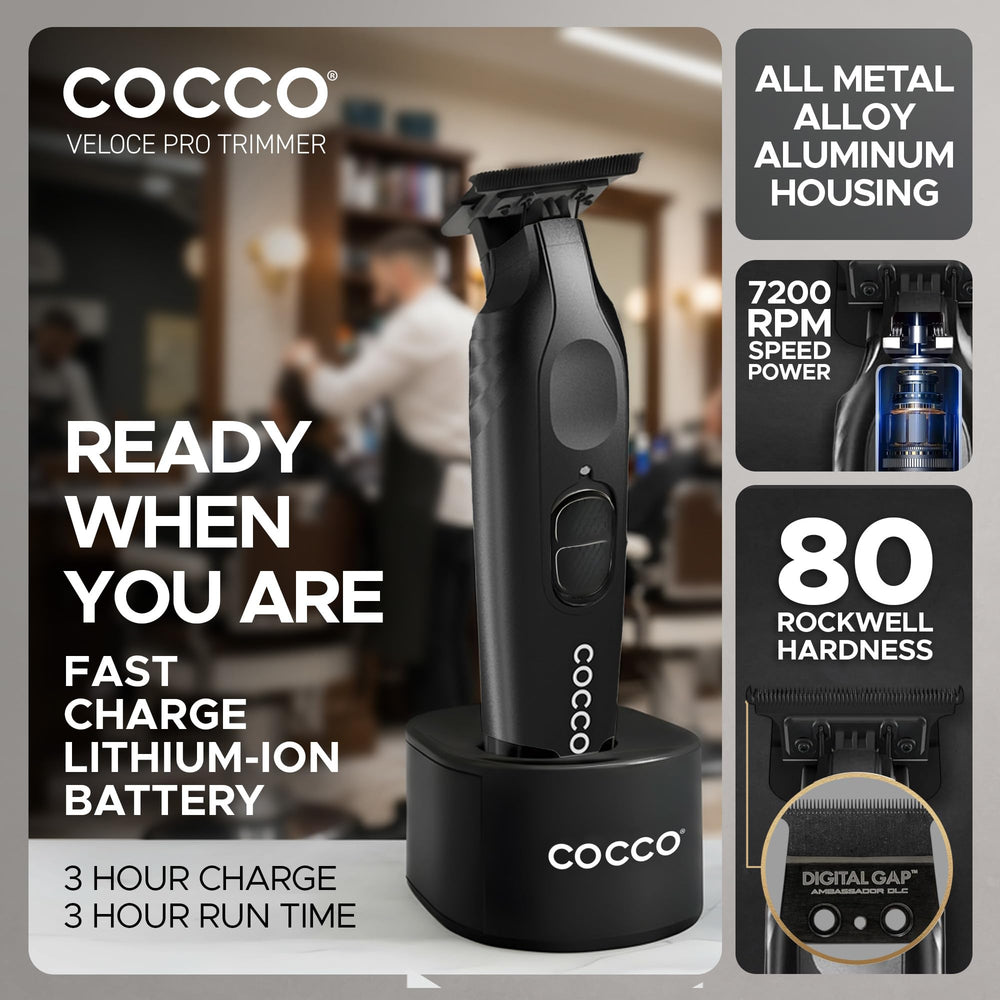Cocco Veloce Pro Trimmer oil reservoir closeup highlighting blade lubrication lifespan.