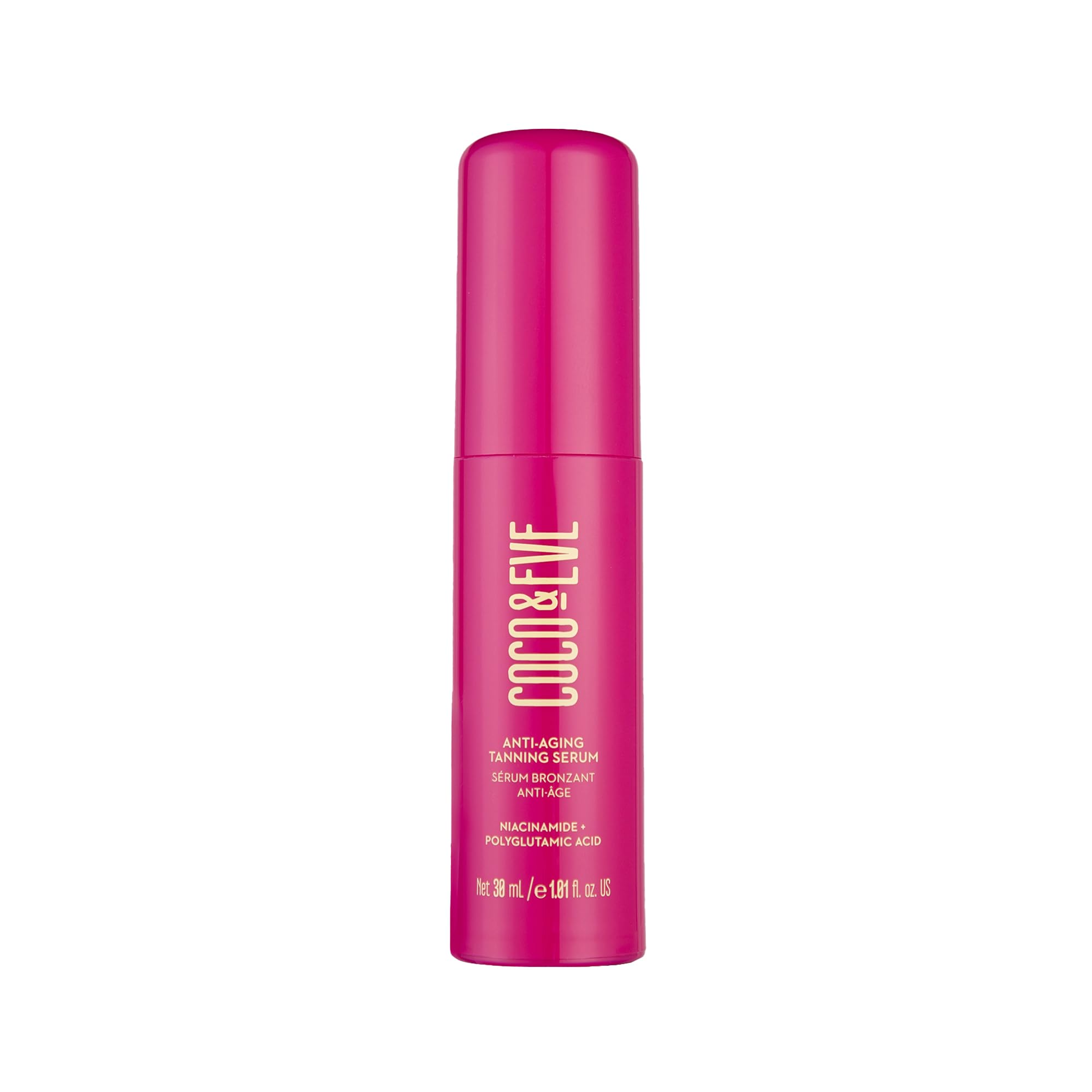 Coco & Eve tanning serum bottle offering hydrating bronzed glow.