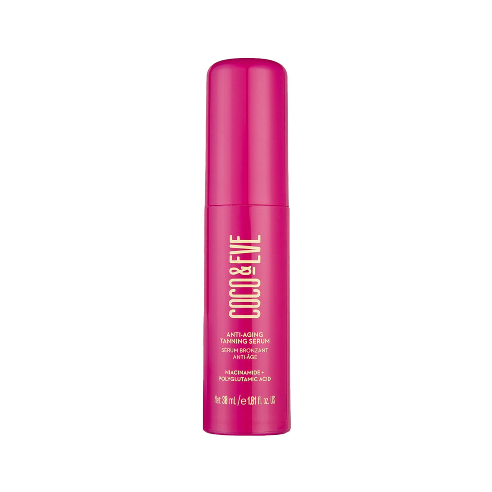 Coco & Eve tanning serum bottle offering hydrating bronzed glow.