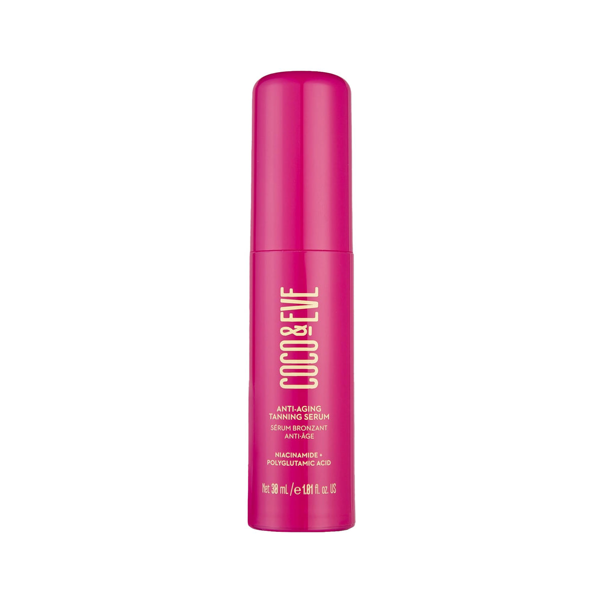 Coco & Eve tanning serum bottle offering hydrating bronzed glow.