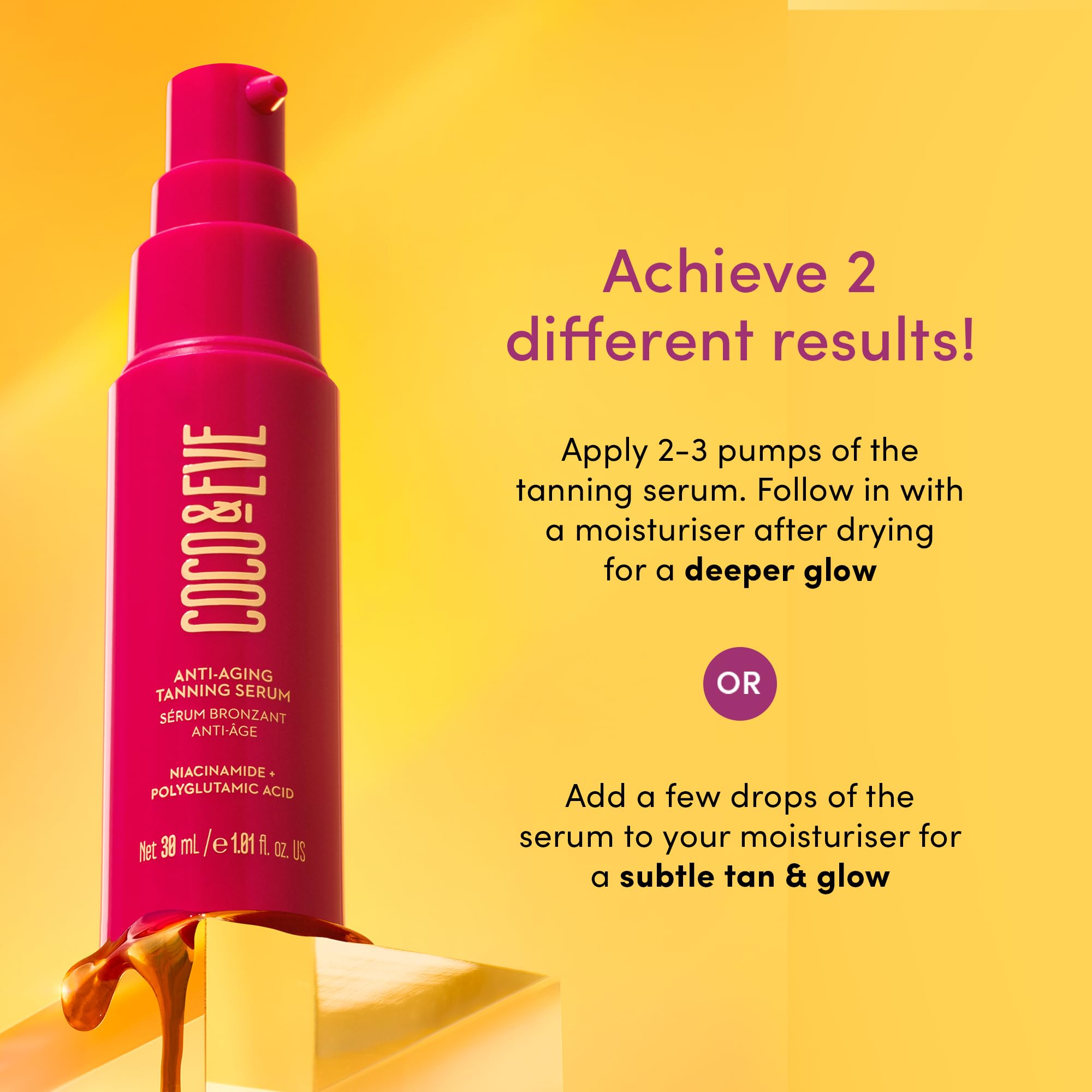 Coco & Eve label highlights polyglutamic acid for hydration.