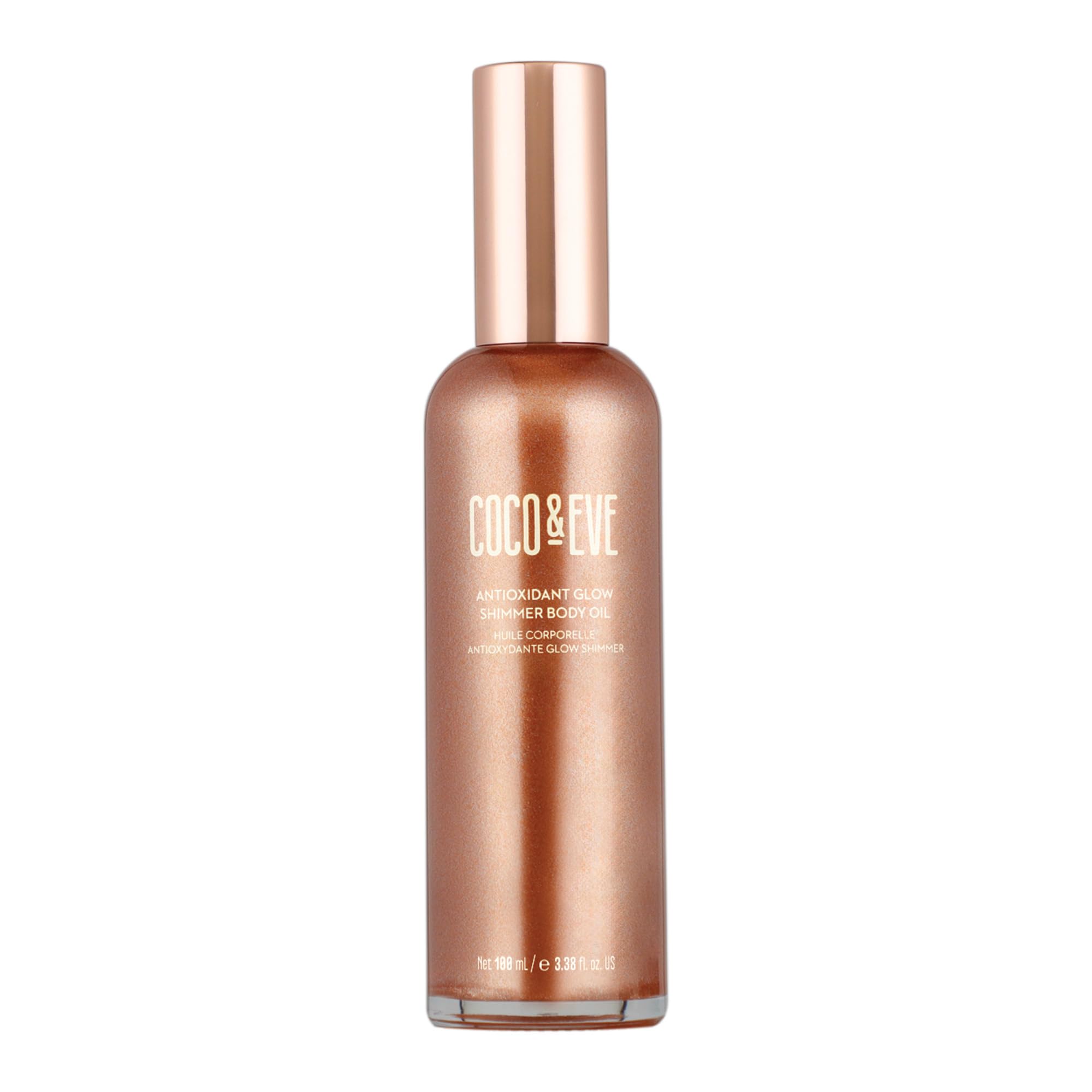 Coco & Eve Antioxidant Glow Shimmer Body Oil bottle closeup for radiant, hydrated skin
