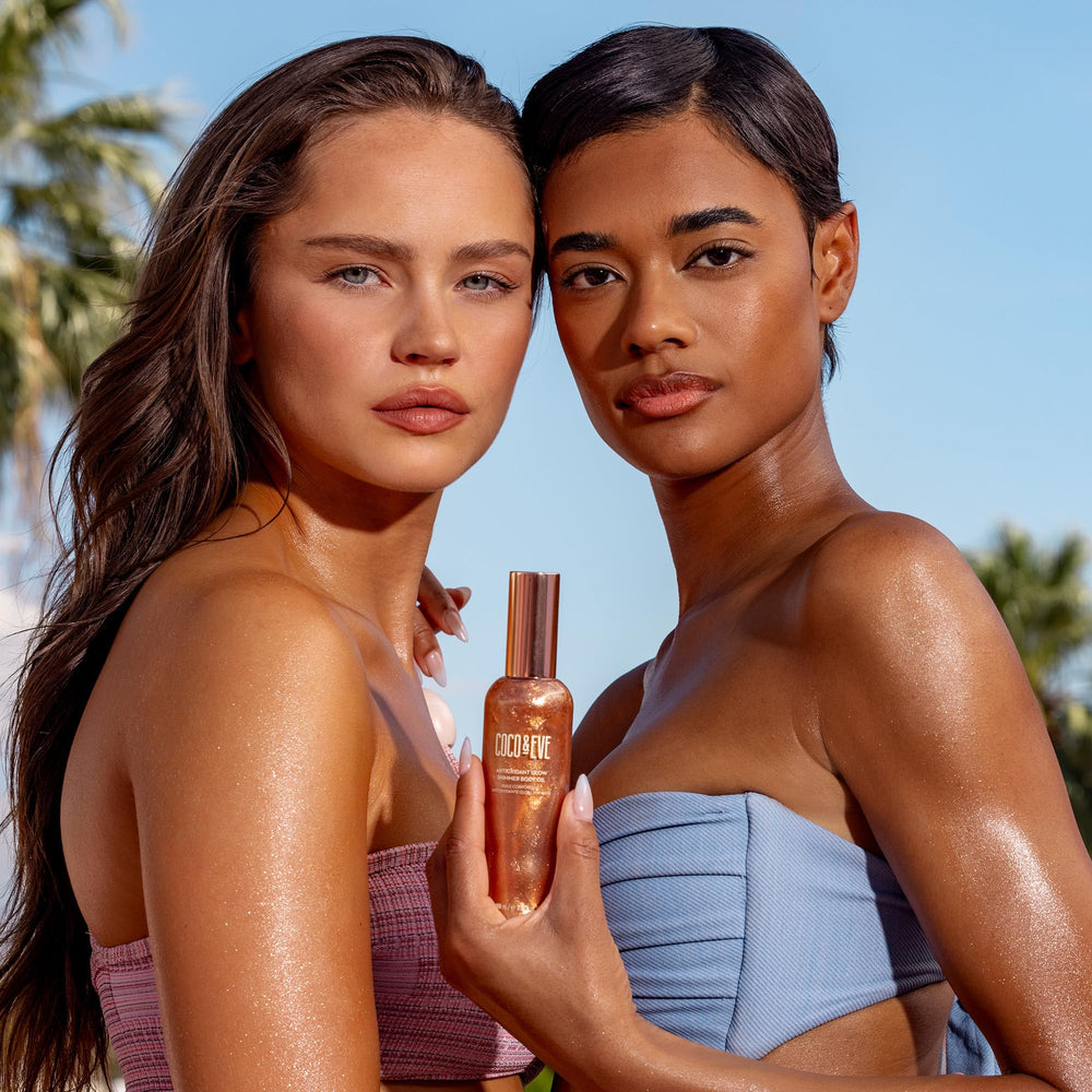 Coco & Eve Antioxidant Glow Shimmer Body Oil with natural glitter during daily ritual