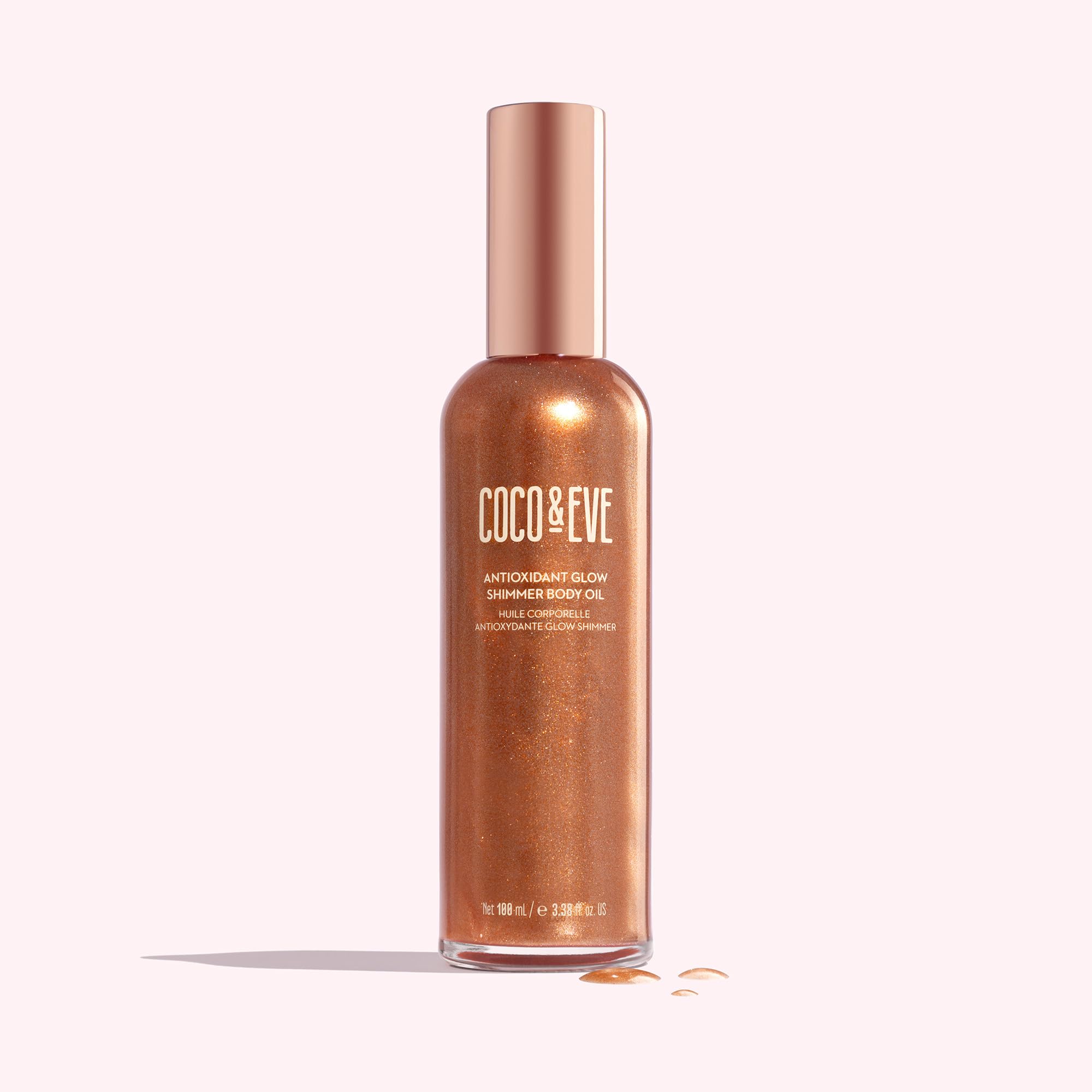 Coco & Eve Antioxidant Glow Shimmer Body Oil pump dispense for easy, mess-free application