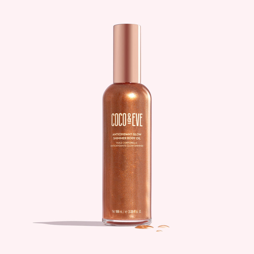 Coco & Eve Antioxidant Glow Shimmer Body Oil pump dispense for easy, mess-free application