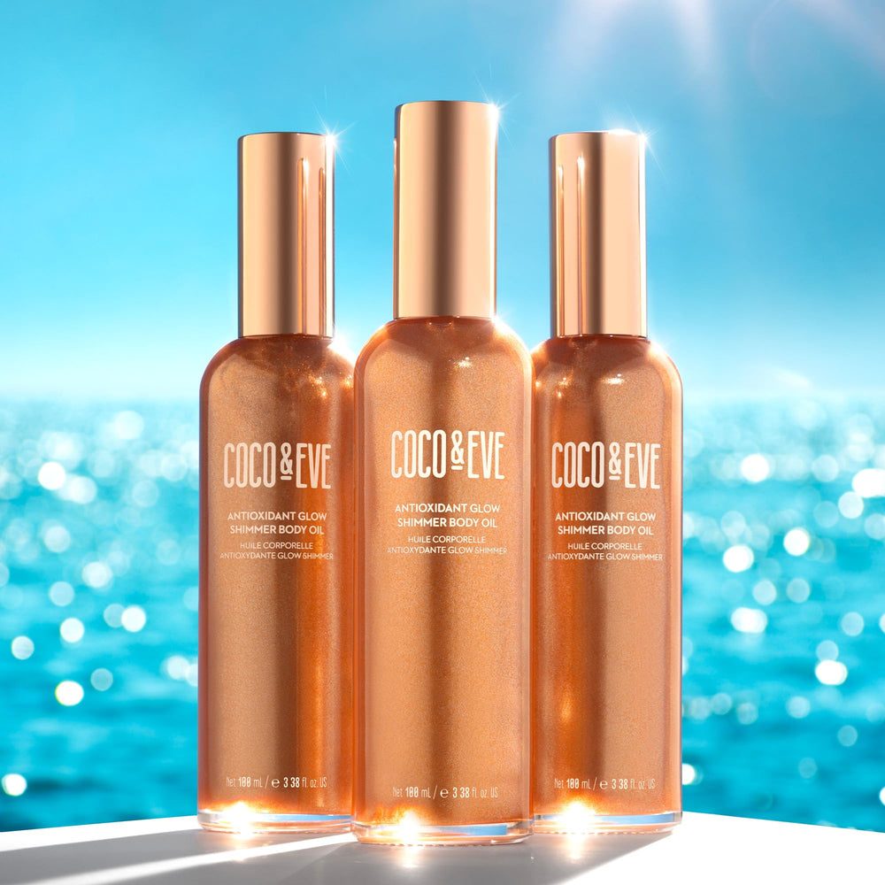 Coco & Eve Antioxidant Glow Shimmer Body Oil scent enhances skincare routine