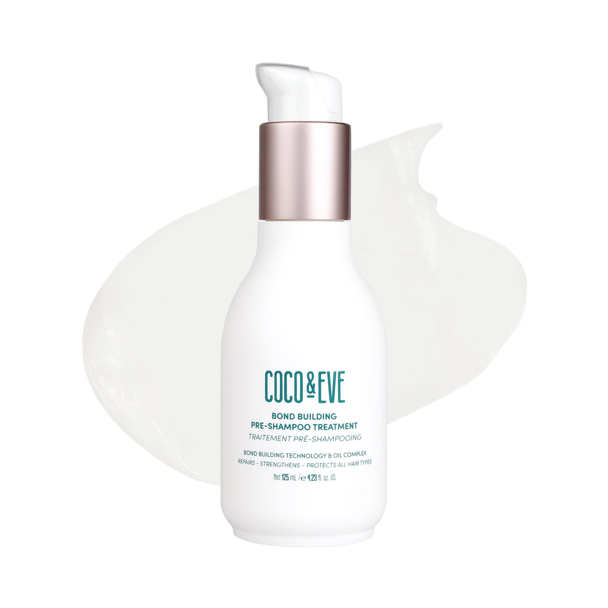 Coco & Eve Bond Pre-Shampoo bottle shows bond-building repair for damaged hair.