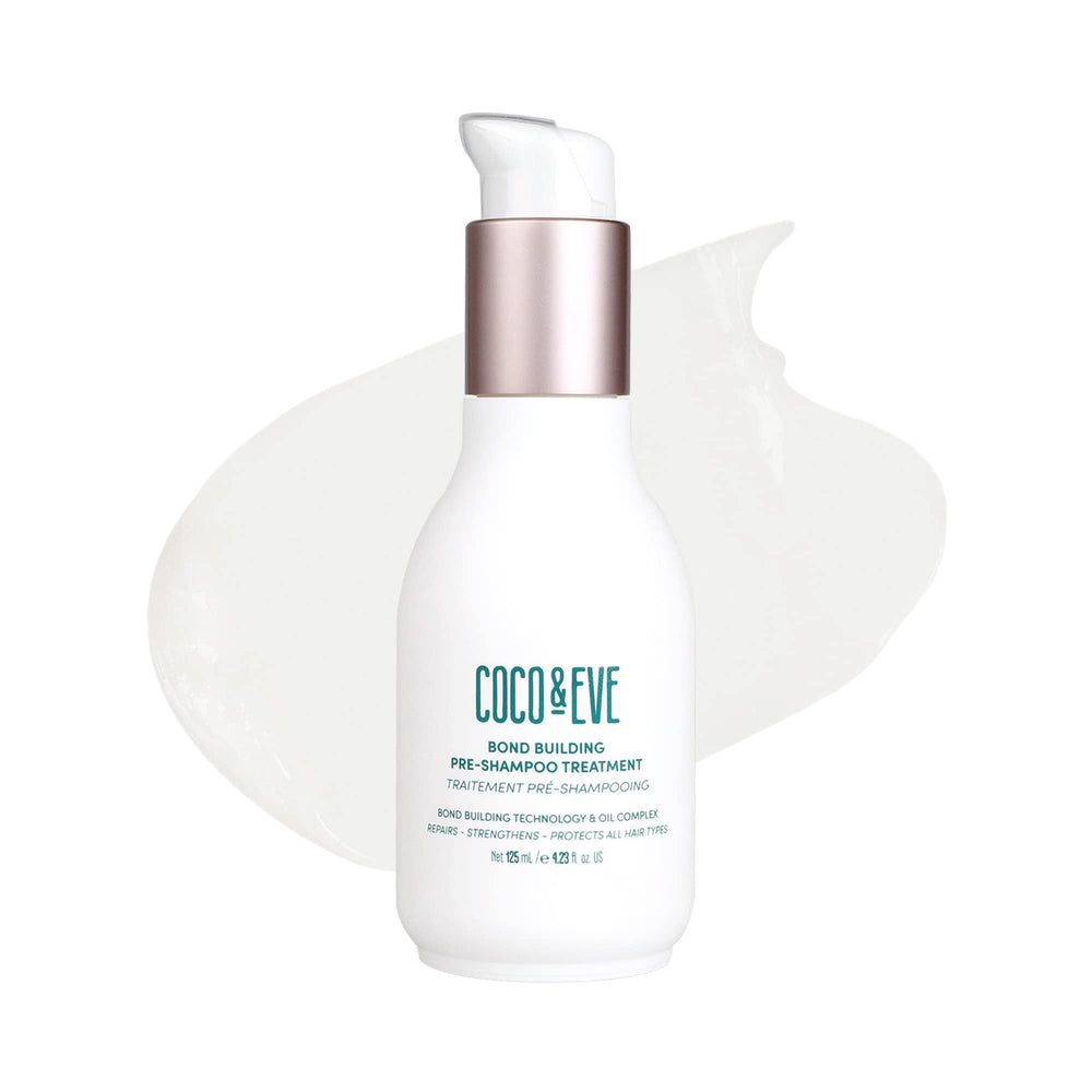 Coco & Eve Bond Pre-Shampoo bottle shows bond-building repair for damaged hair.