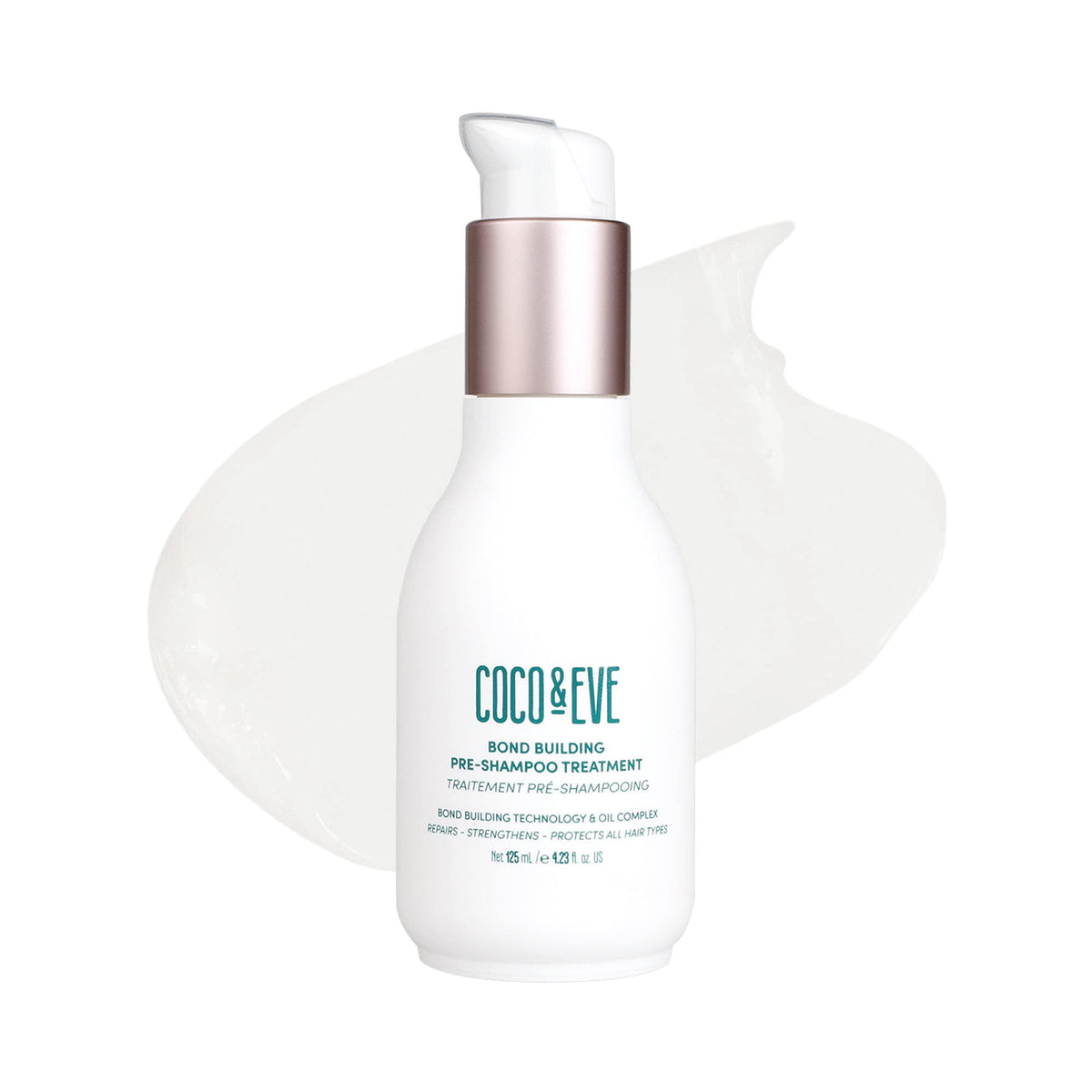 Coco & Eve Bond Pre-Shampoo bottle shows bond-building repair for damaged hair.