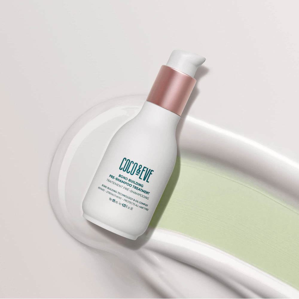 Coco & Eve Bond Pre-Shampoo pump highlights easy application for stronger strands.