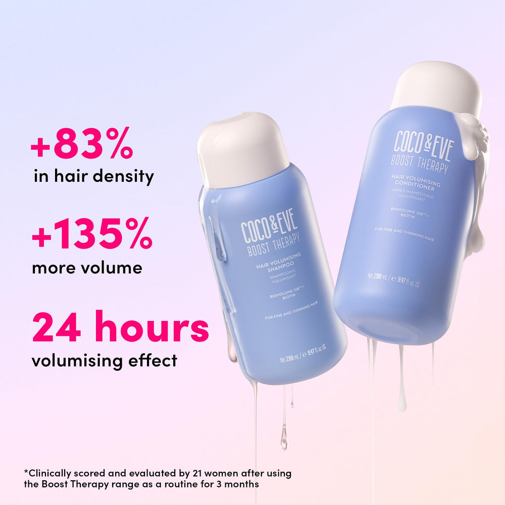 Coco & Eve Boost Therapy duo pack closeup highlights vegan haircare bundle.