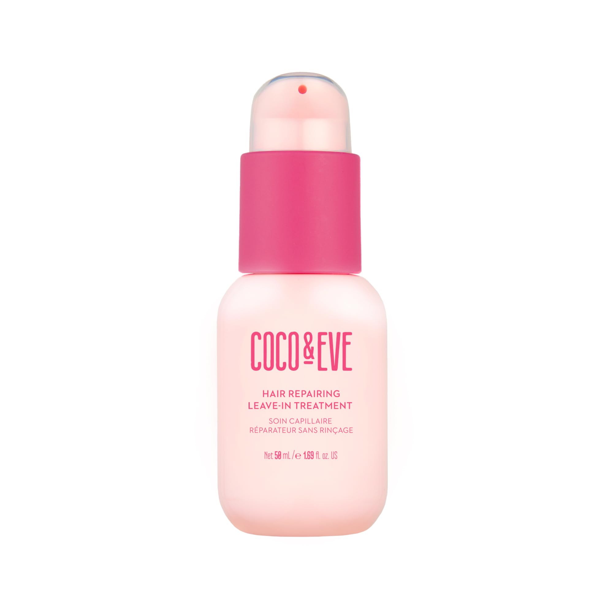 Coco & Eve Hair Repairing Leave-In Treatment bottle close-up showing nourishment for damaged hair
