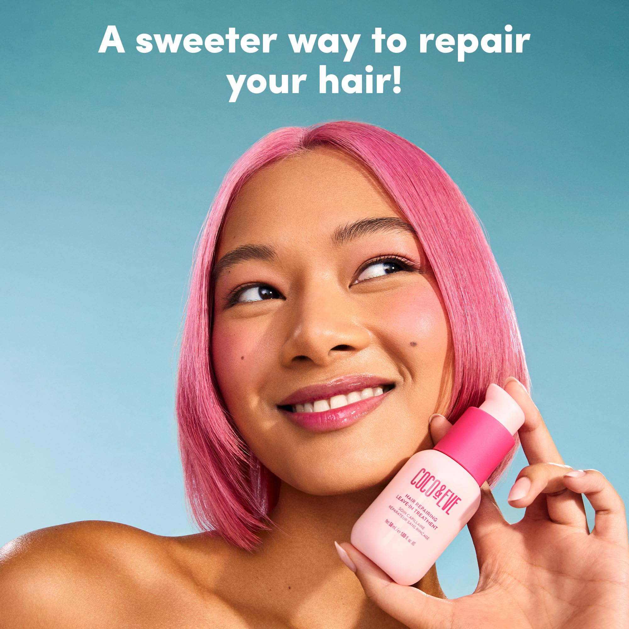 Coco & Eve Leave-In Treatment bottle-front view suggests fast-acting 3-minute repair