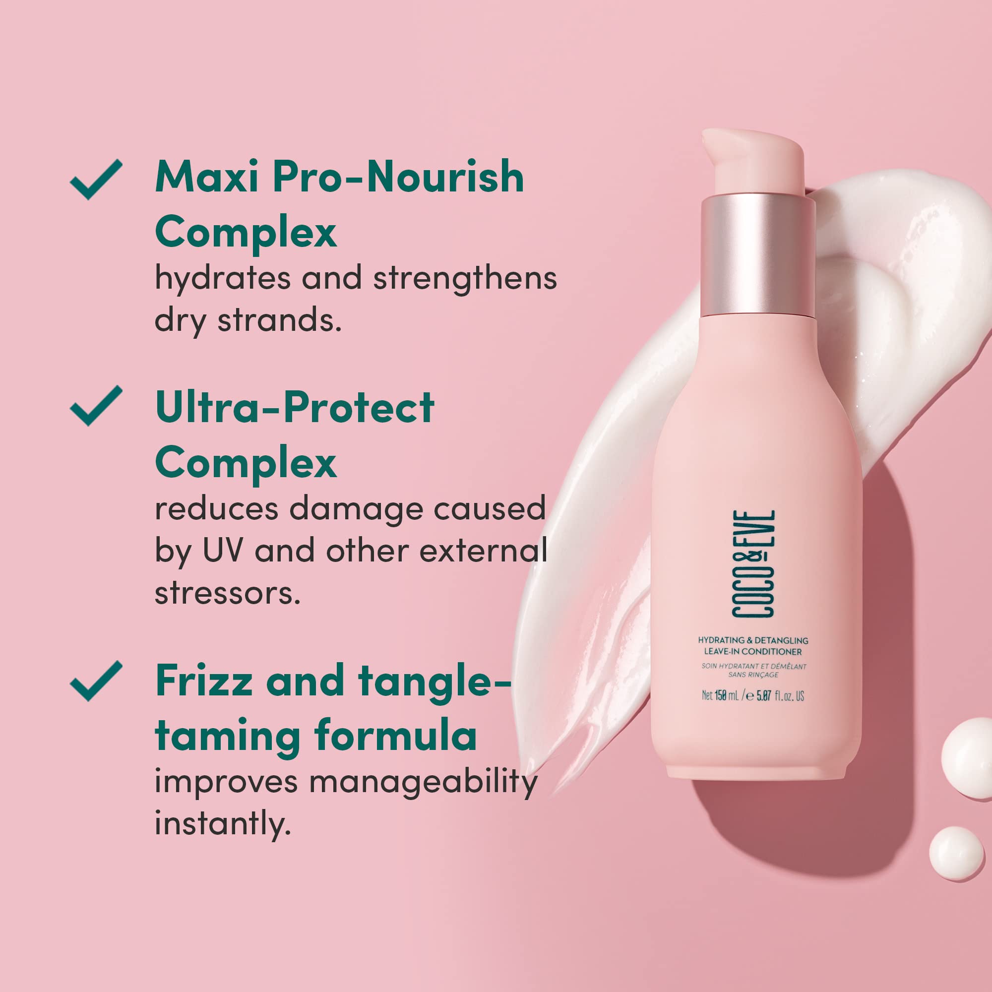 Coconut oil drops highlight hydrating ingredient in Coco & Eve conditioner.