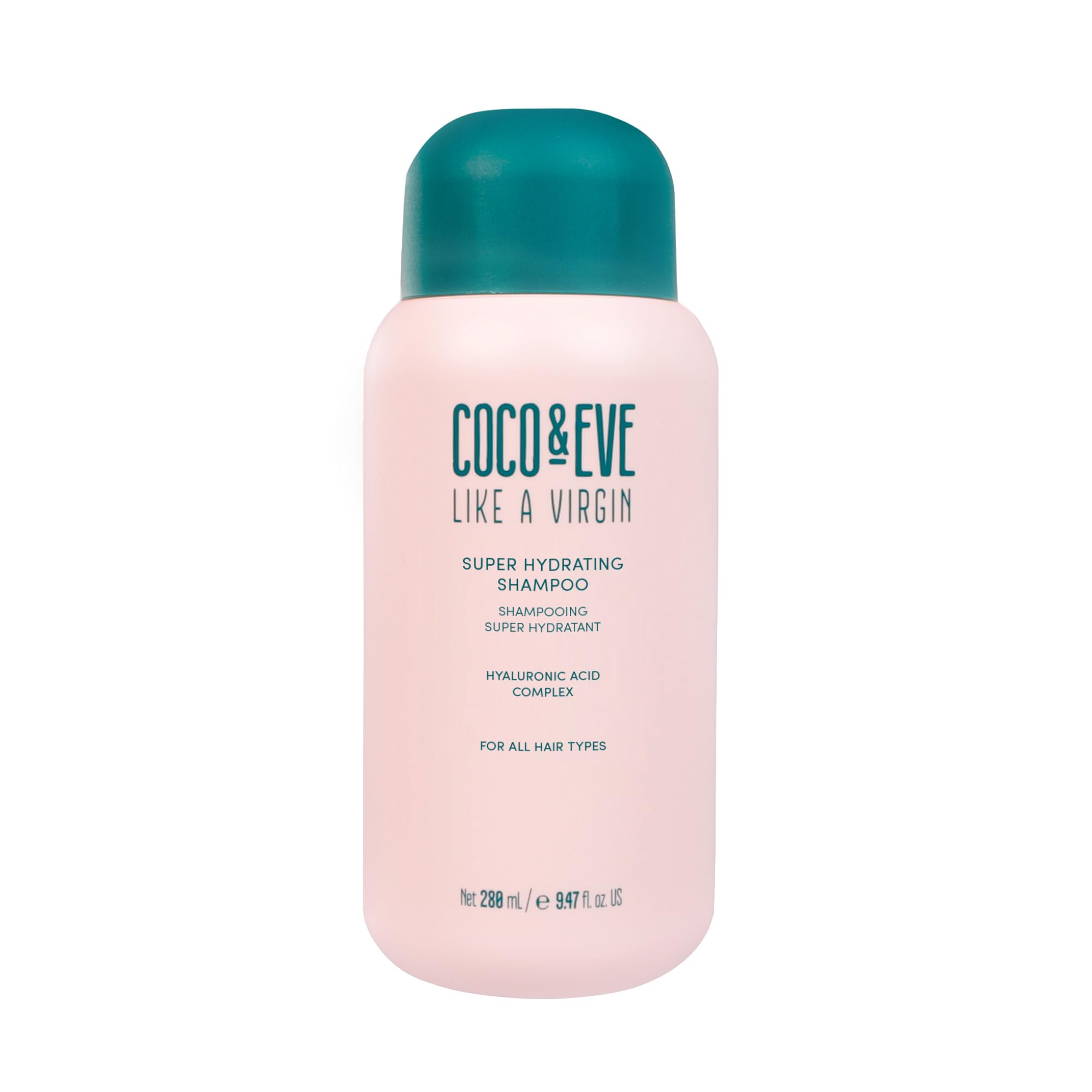 Coco Eve Like A Virgin shampoo bottle highlights intense hydration for dry hair.