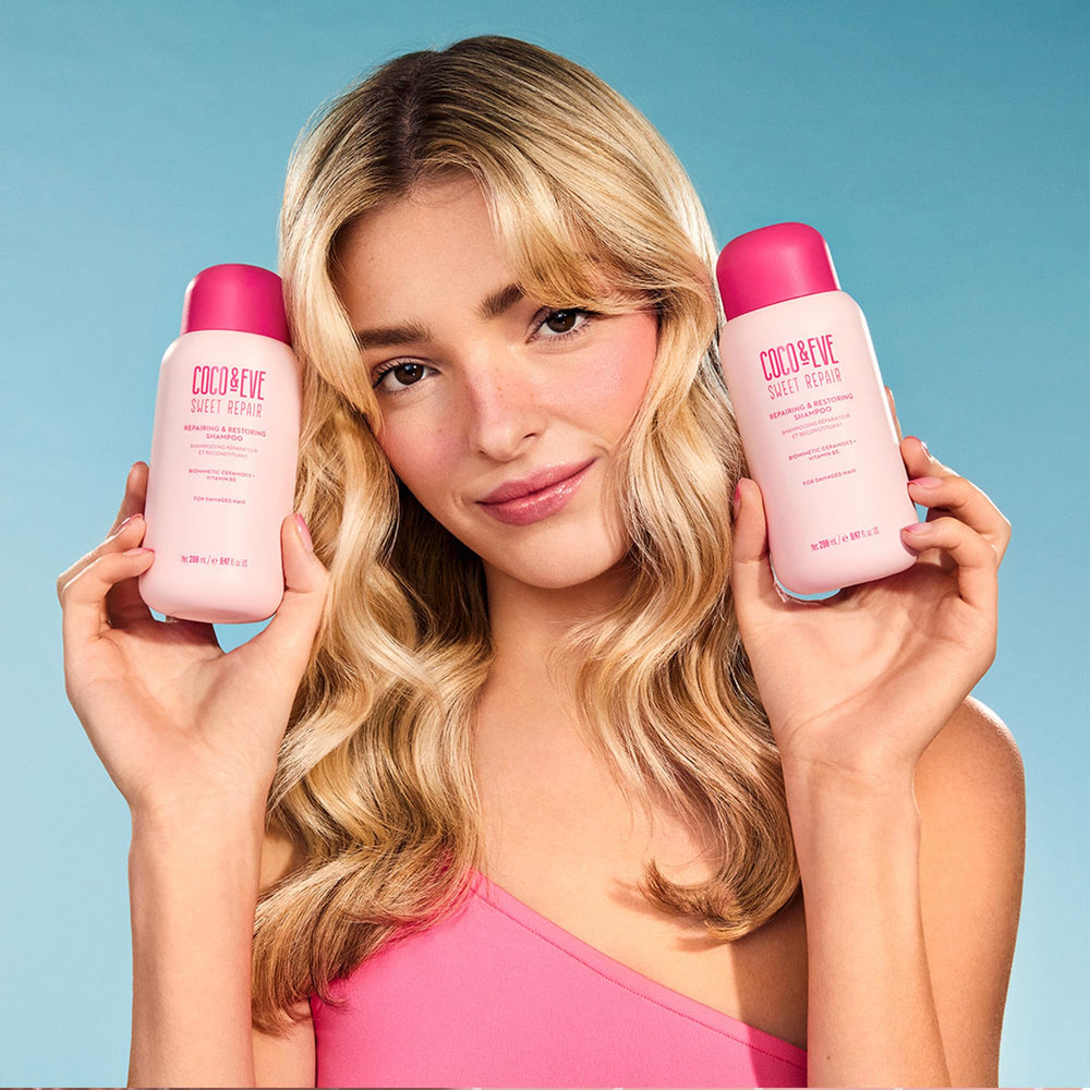 Coco & Eve Repair & Restore ingredients featuring biomimetic ceramide for healthier locks.
