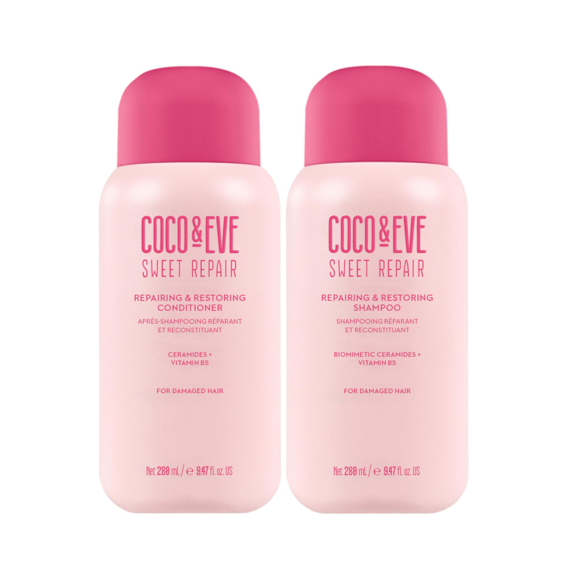 Coco & Eve Repair & Restore shampoo bottle highlighting hydrating formula for damaged hair.