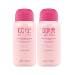 Coco & Eve Repair & Restore shampoo bottle highlighting hydrating formula for damaged hair.