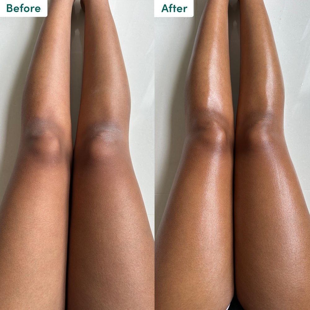 Coco and Eve Resurfacing Body Gel Scrub being massaged on damp skin for even exfoliation.