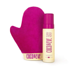 Coco & Eve Self Tanner Mousse Kit packaging highlights tropical branding and all-natural formula.